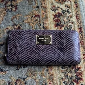 Michael Kors Plum Snake Embossed Leather Zip Around Long Wallet